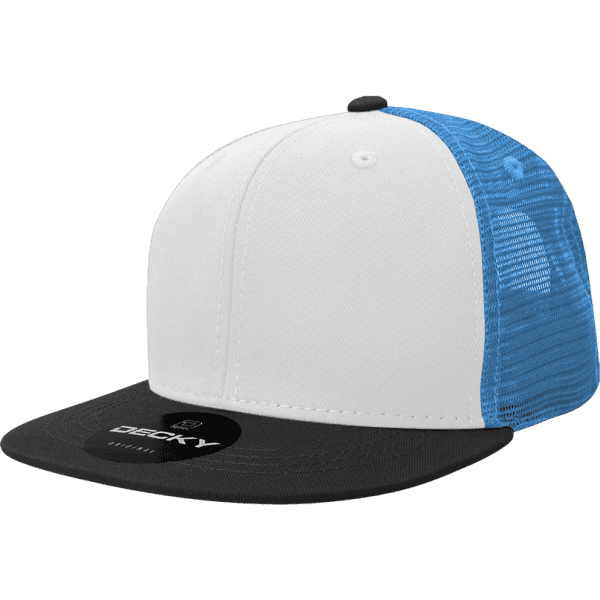 A high-profile structured trucker cap featuring a white front, black brim, and blue mesh back, with a logo on the front.