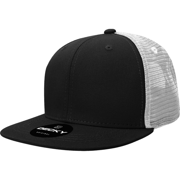 A black trucker cap with a grey mesh back, featuring a flat brim and a logo on the front.