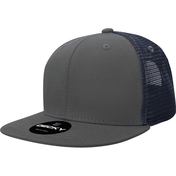 A grey trucker cap with a navy mesh back and a logo on the front panel.