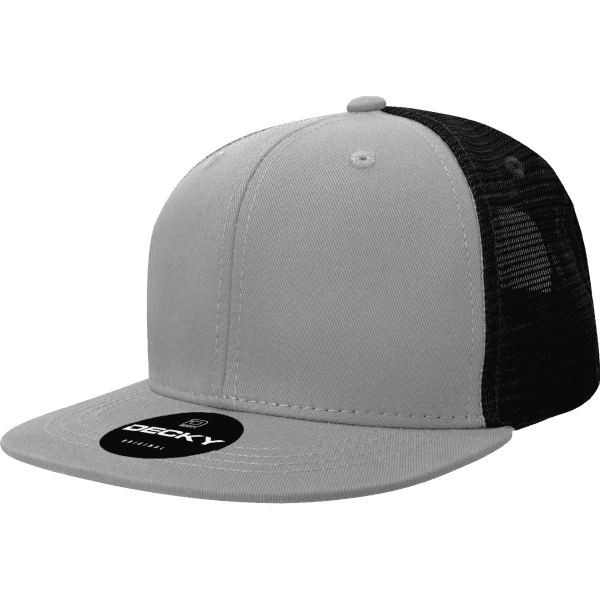 A grey trucker cap with a black mesh back and a logo on the front.