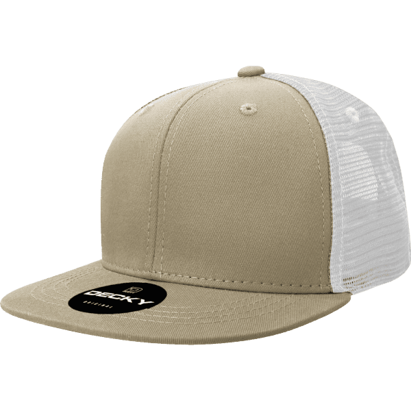 A beige and white trucker cap with a flat brim and mesh backing, featuring a logo on the front.