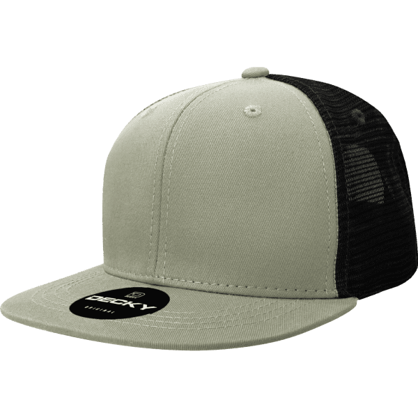 A grey and black 6-panel high pro cotton/poly blend trucker cap with a structured brim and a logo.