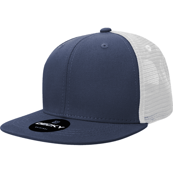 A navy blue trucker cap with a white mesh back and a flat peak, featuring a logo on the front.