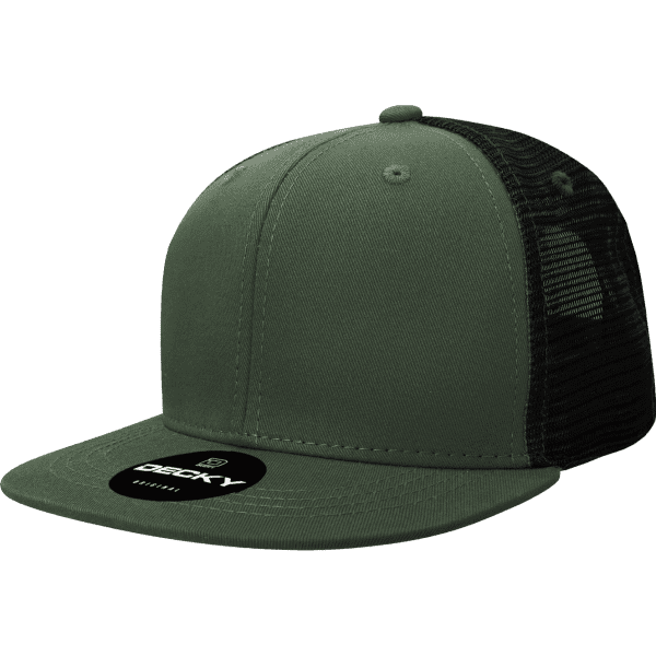 A dark green 6-panel trucker hat with a mesh back and a circular logo on the front.