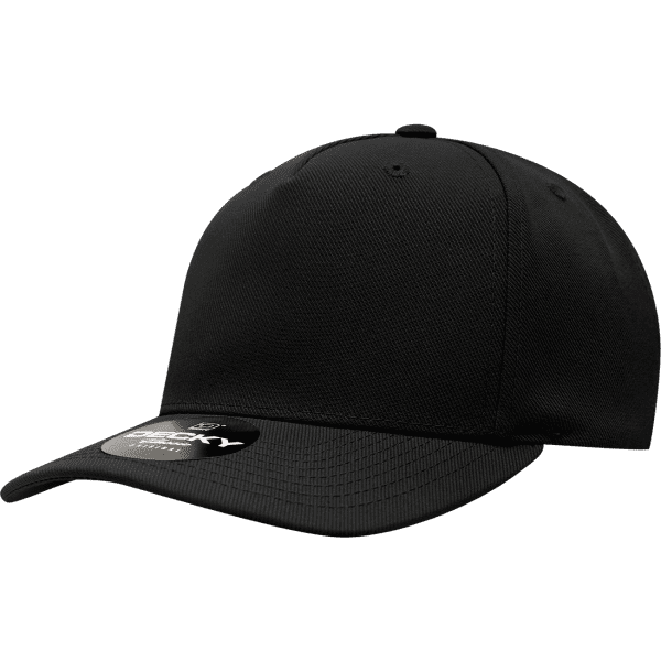 A black 5 panel mid profile structured cap with a curved brim and a logo on the side.