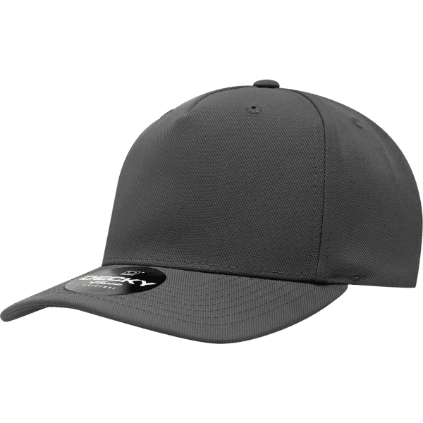 A grey 5 Panel Mid Profile Structured Cap with a curved brim and a logo on the front.
