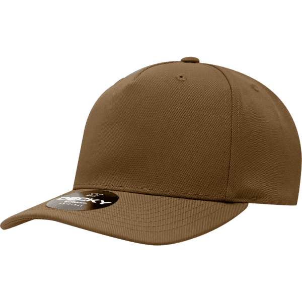 A brown 5 panel mid profile structured cap with a curved brim and a logo on the front.