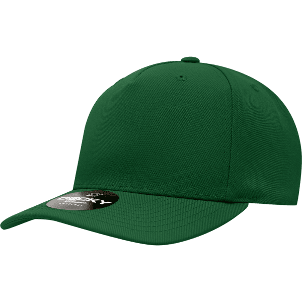 A green 5-panel mid-profile structured cap with a curved brim and a logo on the front.
