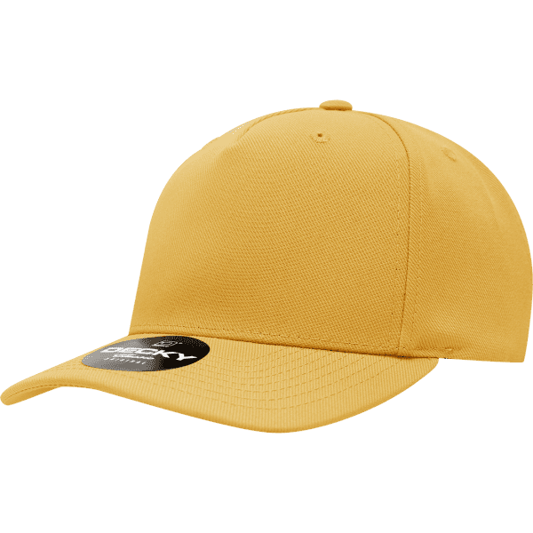 A yellow 5-panel mid-profile structured cap with a curved brim and a logo on the front.