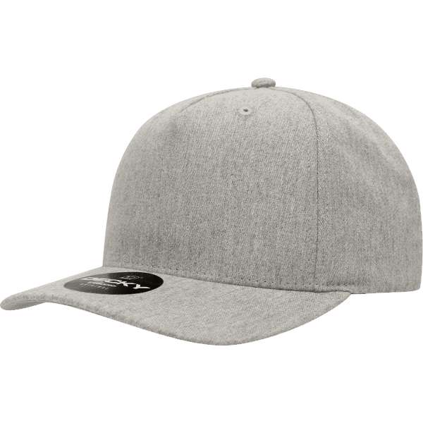 A grey 5 Panel Mid Profile Structured Cap with a curved brim and a logo on the front.
