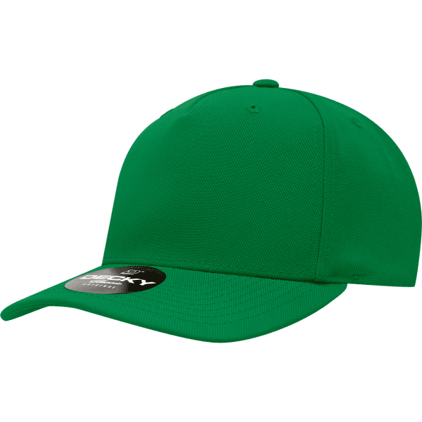 A green 5-panel mid profile structured cap with a branded tag on the visor.