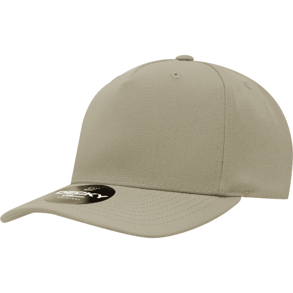A 5 panel mid profile structured cap in a beige colour with a logo on the front.