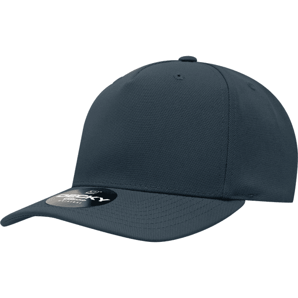 A dark navy 5-panel mid profile structured cap with a curved brim and a logo on the front.