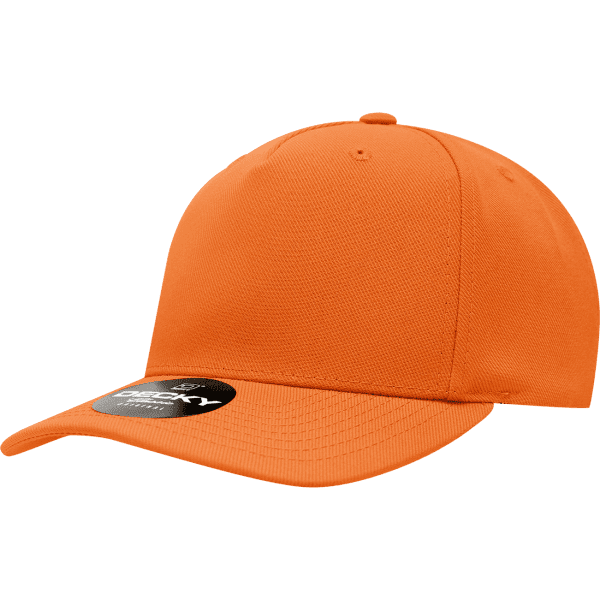 An orange 5 Panel Mid Profile Structured Cap with a flat brim and a logo on the front.