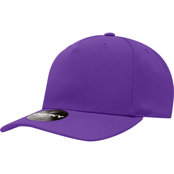 A purple 5 Panel Mid Profile Structured Cap with a curved brim and a logo on the front.