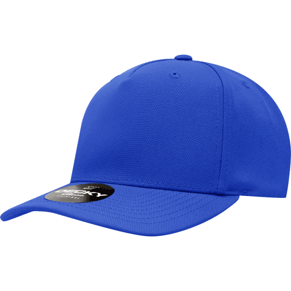 A blue 5 panel mid-profile structured cap with a curved brim and an attached logo.
