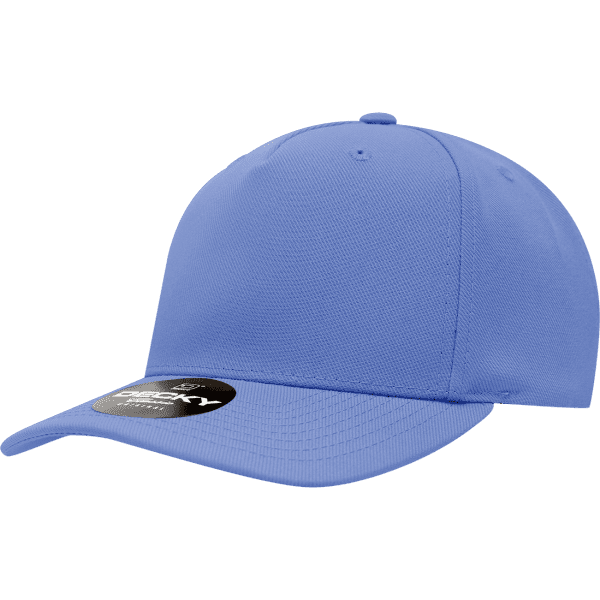 A blue 5 Panel Mid Profile Structured Cap with a logo on the front.