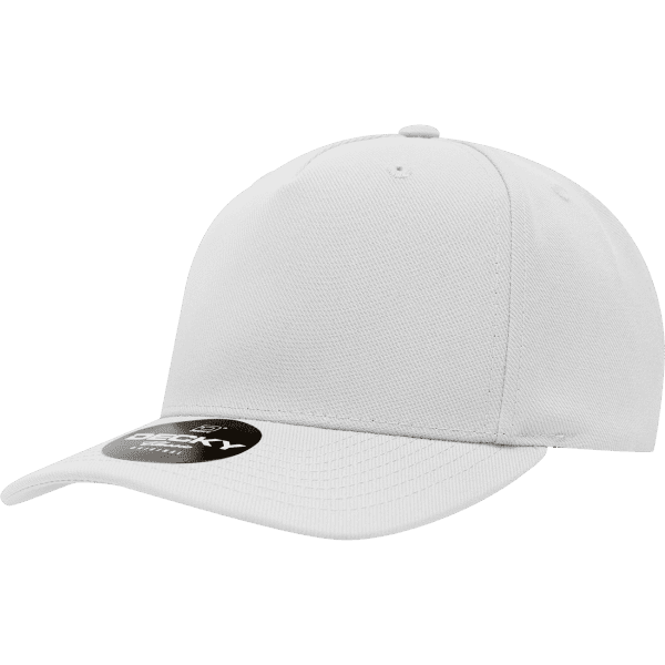 A white 5 panel mid profile structured cap with a curved peak and a logo on the front.