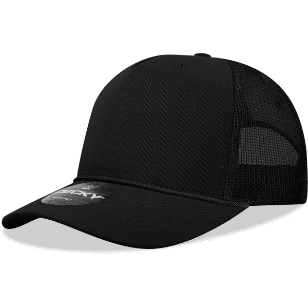 A high-profile structured trucker cap in black, featuring mesh side panels and a branded logo.