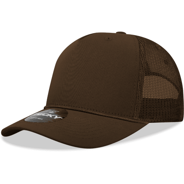 A brown high-profile structured trucker cap with mesh sides and a curved brim. It features a logo on the front.