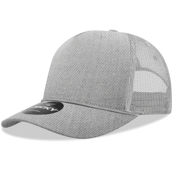 A grey structured trucker cap with a mesh back and a logo, featuring a curved brim.