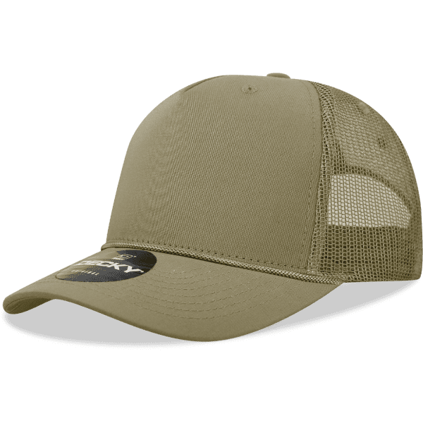 A high-profile structured trucker cap in olive green with a mesh back and a logo on the front.