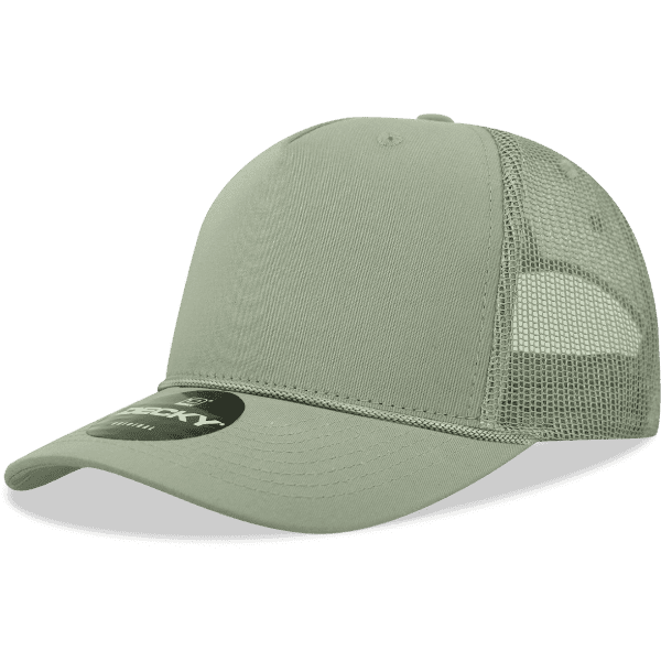 A high-profile green trucker hat with a structured front and mesh back, featuring a logo on the side.