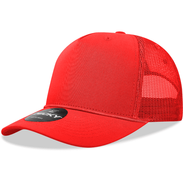 A bright red 5-panel high profile structured trucker cap with mesh sides and a branded patch on the front.