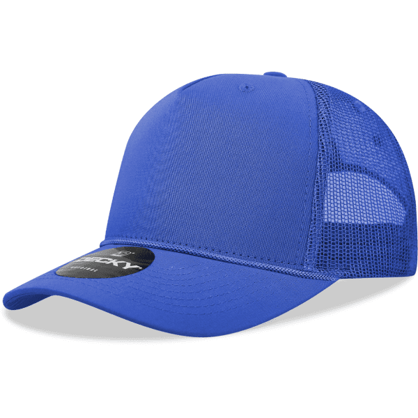 A blue 5 panel high-profile structured trucker cap with mesh sides and a logo badge.