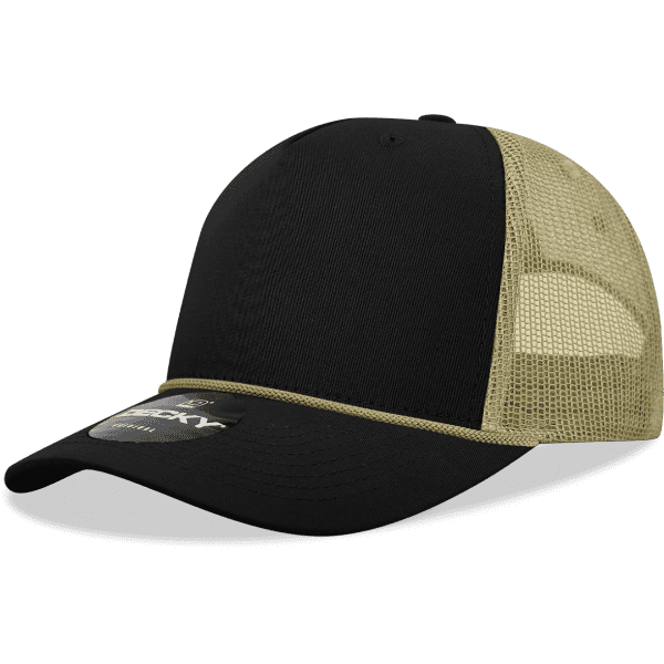 A black and khaki 5 panel high profile structured trucker cap with a mesh back and a logo.