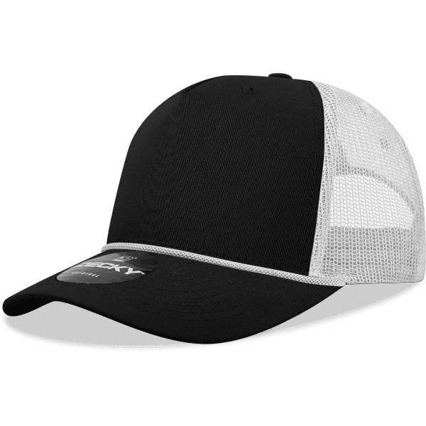 A high-profile structured trucker cap in black with a white mesh back and a branded patch on the front.