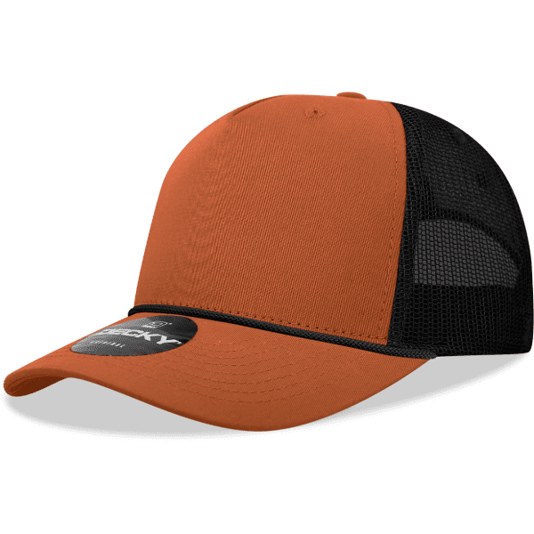 An orange high-profile structured trucker cap with a black mesh back and a circular logo.
