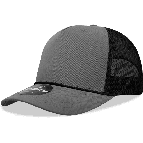 A grey high-profile structured trucker hat with a black mesh back and a branded patch.
