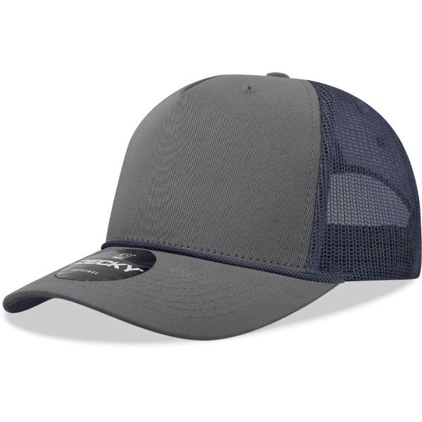 A grey high-profile structured trucker cap with mesh panels and a branded logo.