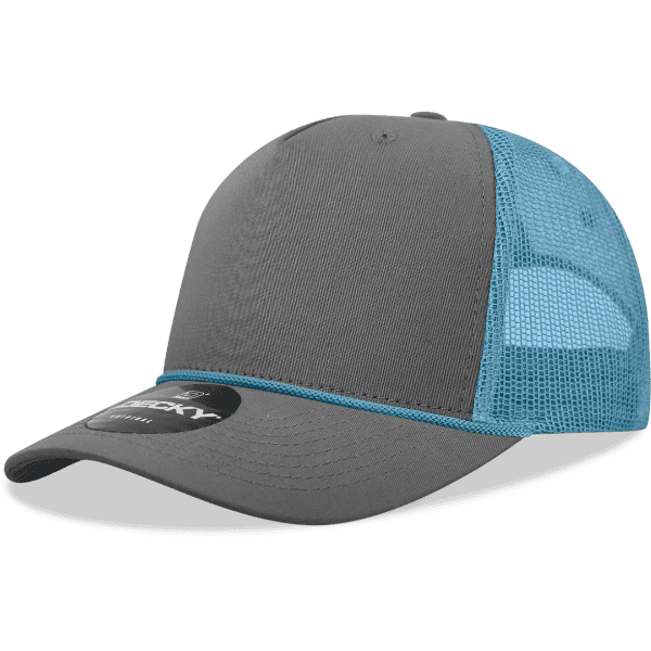 A grey high-profile structured trucker cap with teal mesh panels and a branded logo on the front.