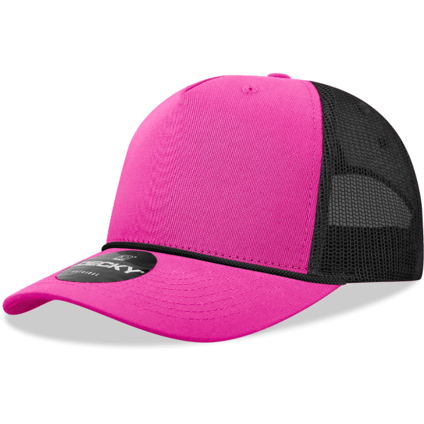 A pink 5 panel high profile structured trucker cap with a black mesh back and a logo.