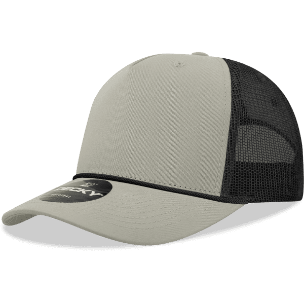 A high-profile structured trucker cap in grey with a black mesh back and an attached logo.