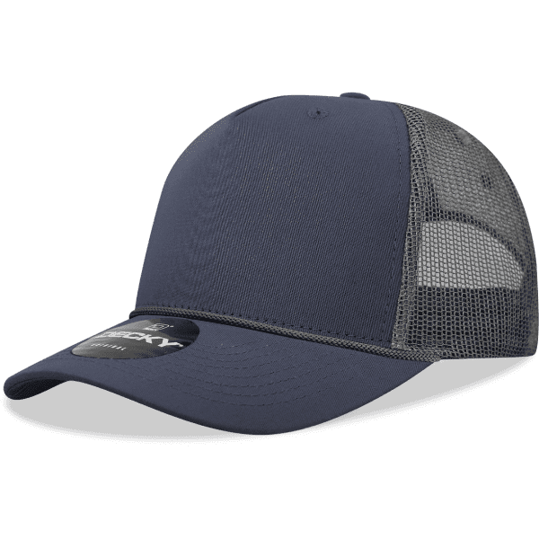 A navy blue trucker cap with a high-profile structure and a mesh back. It features a logo on the front.