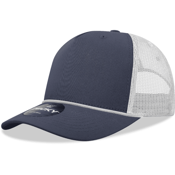 A navy blue high profile structured trucker cap with a mesh back and a branded logo on the front.