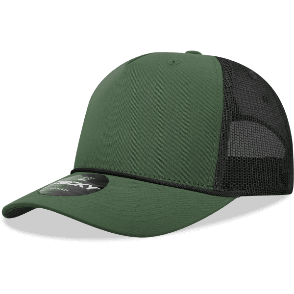 A green structured trucker cap with a black mesh back and a small logo on the front.