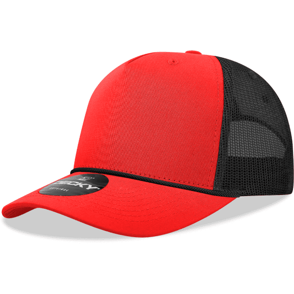 A red 5 panel high profile structured trucker cap with a black mesh back and a branded tag.
