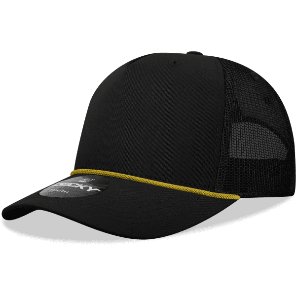 A black 5-panel trucker cap with a structured front and yellow rope detail. It features mesh side panels and a logo.