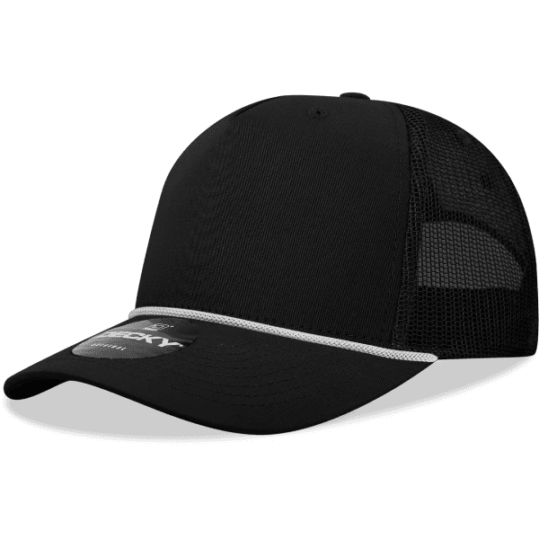 A black 5 panel high profile structured trucker cap featuring a mesh back and a reflective band. It has a logo.