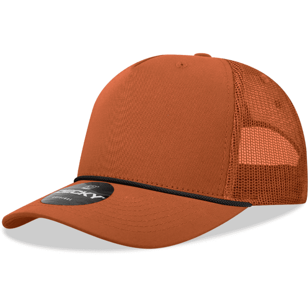 A high-profile structured trucker cap in orange with mesh panels and a branded tag.