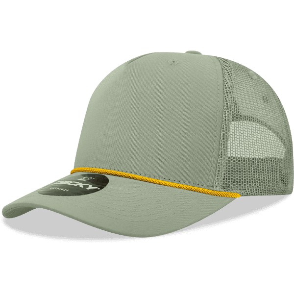 A high-profile structured trucker cap in grey with a yellow rope detail and a mesh back. It features a logo.