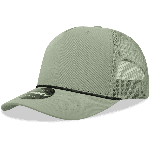 A high-profile structured trucker cap in olive green with mesh sides and a logo on the front.