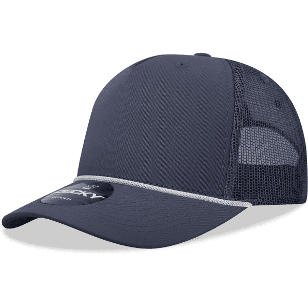 A high-profile structured trucker cap in navy blue with a mesh back and a visible logo.