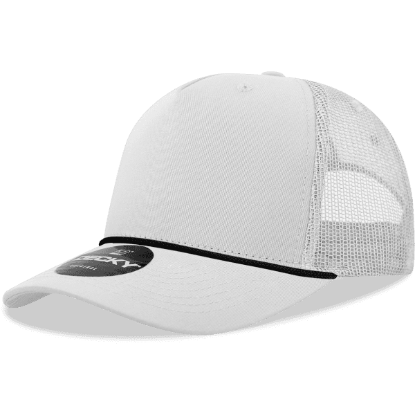 A white high-profile structured trucker cap with mesh side panels and a logo on the front.