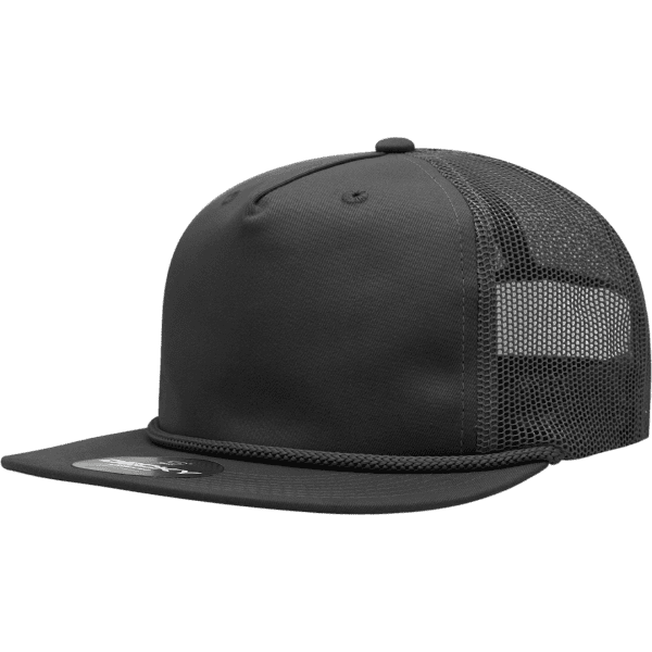 A black, high-profile trucker cap with mesh side panels and a flat brim, featuring a logo on the front.