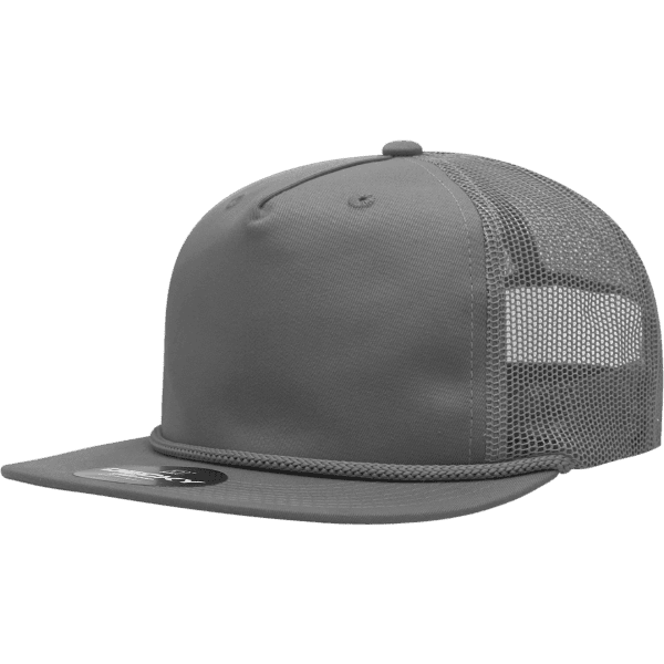 A grey five-panel high-profile relaxed trucker cap with mesh sides and a brand logo.